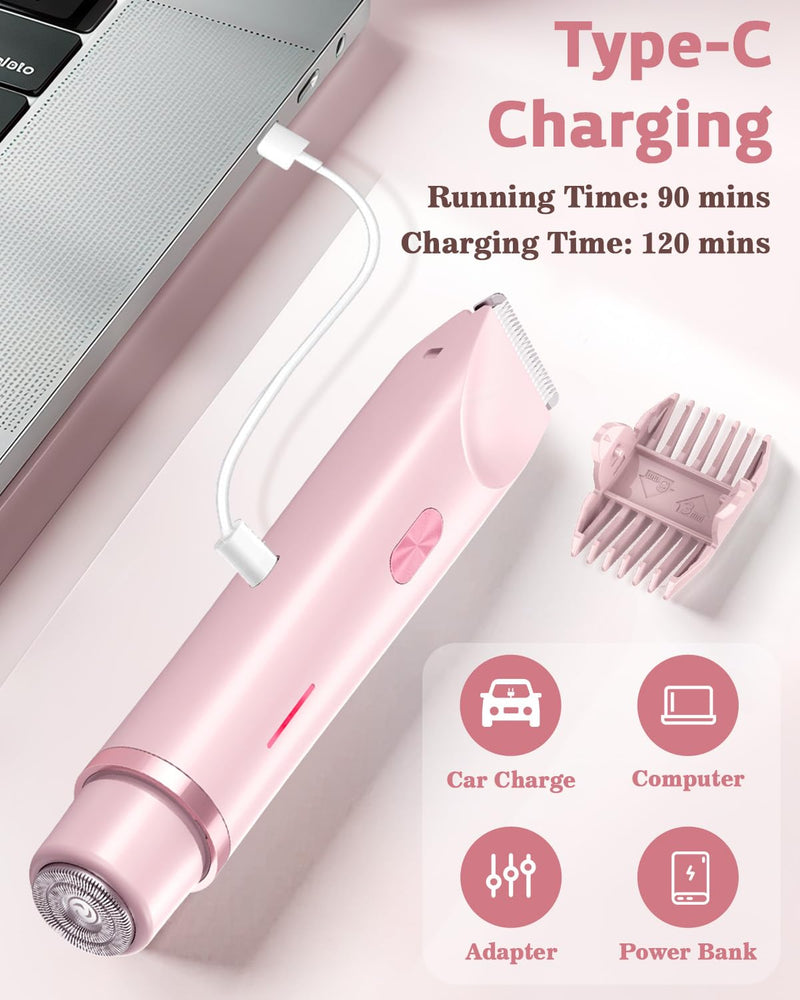 [Australia] - Bikini Trimmer for Women, Dual-Head Women's Electric Razor, 2-in-1 Electric Shaver for Women Pubic Hair/Legs/Arms/Underarm/Face, IPX7 Waterproof Wet/Dry Use (Rose Pink) Rose Pink 