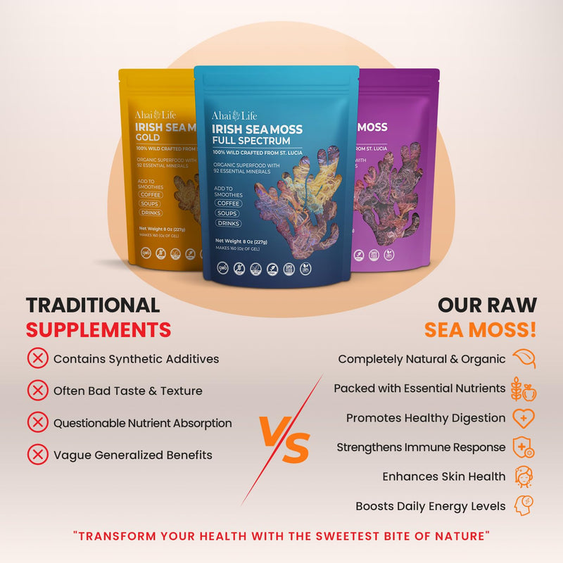 Gold Sea Moss Raw Organic| Makes 160oz of Gel - 100% Wild Crafted| Non-GMO Sun-Dried Mineral Rich Super Food for Energy| Booster Healthy, Immunity Digestion (8oz) Gold 8 Ounce