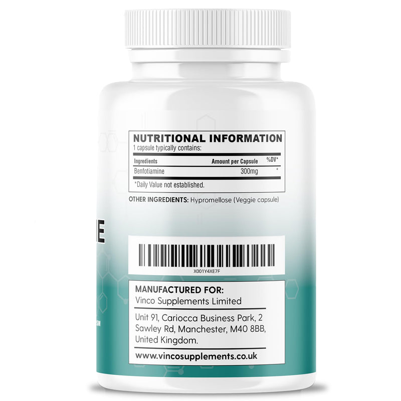Vinco Benfotiamine 300mg - Vitamin B1 Thiamine High Strength for Heart & Kidney Support, 120 Vegan Capsules, Enhanced Cognitive Function, Energy & Antioxidants, Gluten & Allergen-Free - Made in UK