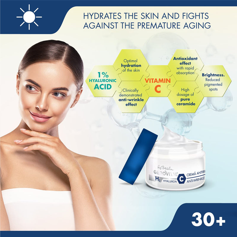 GEROVITAL Anti-Wrinkle Day Face Cream Rich in Hyaluronic Acid, Vitamin C and Niacinamide, Vitamin E, Intense Moisturizer, for Normal, Mixed, Dry Skin, 50 ml