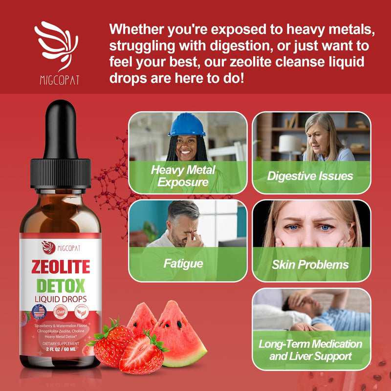 Migcopat Zeolite Detox Liquid Drops with B12, D3 & Vitamin C, 120ml | Pure Body Cleanse Support for Heavy Metals, Natural Zeolite Formula, Strawberry Watermelon Flavor 2 Fl Oz (Pack of 2)