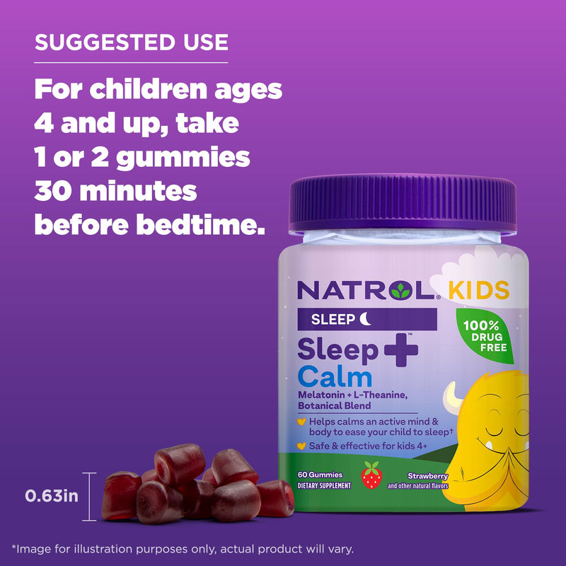 Natrol Kids Sleep+ Calm, Melatonin and L-Theanine, Supplement for Restful Sleep and Calming, Sleep Gummies for Kids, 60 Strawberry-Flavored Melatonin Gummies, 60 Day Supply 60 Count (Pack of 1)