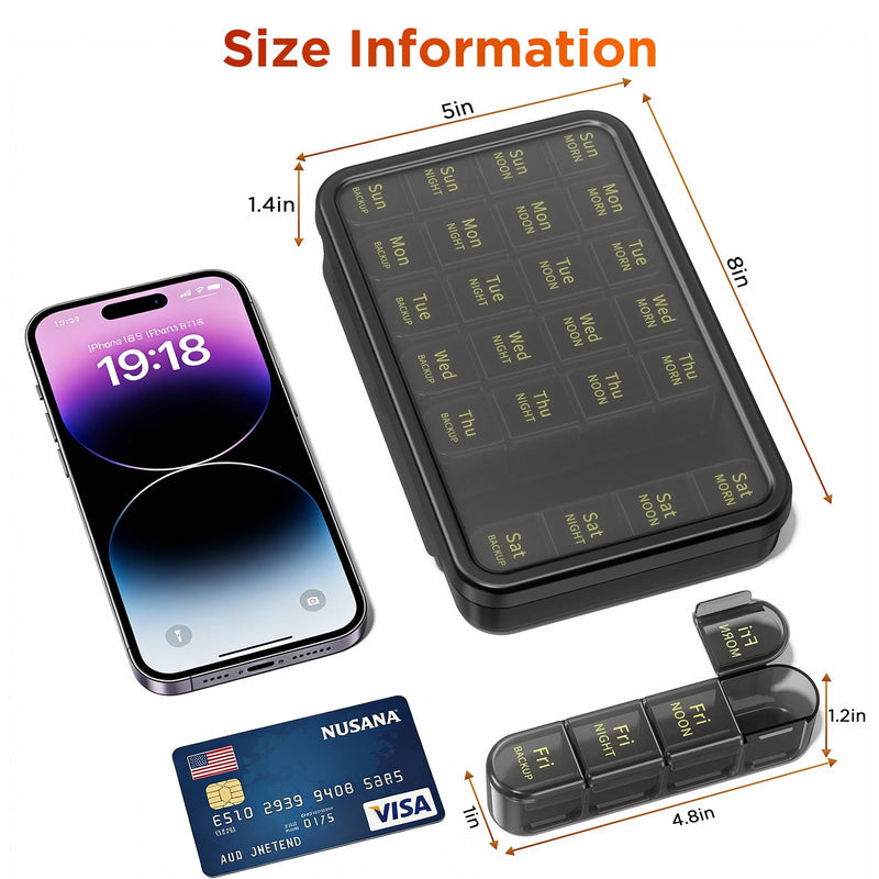 Daviky Pill Organizer 4 Times a Day - Easy-Open Travel Pill Box | Large Weekly Medicine Pill Organizer、Ultimate Durability — 6+7 Years、Travel Pill Box with Big Compartments Black
