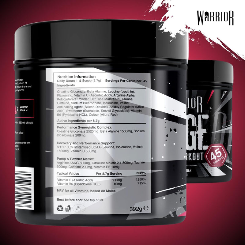 Warrior Rage Pre Workout Powder 392g (45 Servings) – 300mg Caffeine High Stim Energy Drink Supplement + Beta-Alanine, Creatine, BCAA, Taurine, Citrulline & Arginine AAKG for Muscle – Charged Cherry