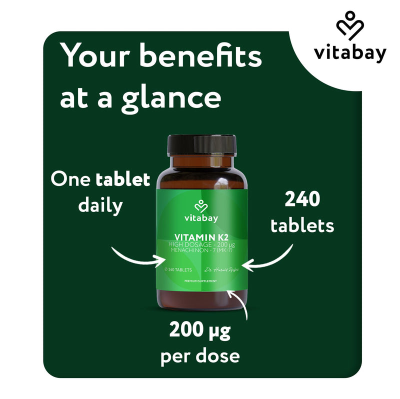 Vitabay Vitamin K2 MK-7 200 µg – 240 Vegan Tablets – Bones & Blood Clotting – High Strength MK7 All-Trans Microencapsulated – Lab Tested in Germany – 8 Month Supply 34 g (Pack of 1)