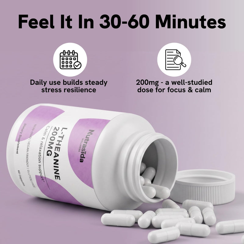 L-Theanine 200mg – Calm Focus Without Drowsiness – Stress Relief & Mental Clarity Support – Non-GMO, Vegan, Gluten-Free, Third Party Tested – 60 Capsules