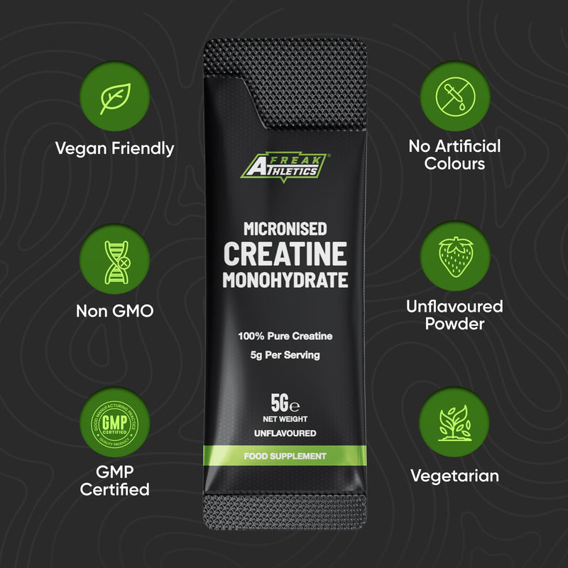 Freak Athletics Creatine Monohydrate Powder - (30 Sachets), 5g Unflavoured Creatine Powder, 100% Pure Micronised Creatine for Strength, Power & Muscle Performance, Easy to Mix, Lab Tested 30 Sachets