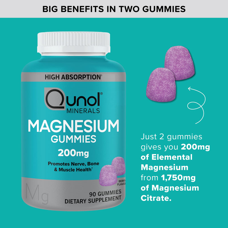 [Australia] - Qunol Magnesium Gummies for Adults, 200mg Elemental Magnesium (from 1,750mg Magnesium Citrate), High Absorption Magnesium Supplement, Supports Nerve, Bone and Muscle Health, Vegetarian, 90 Count Berry 90 Count (Pack of 1) 