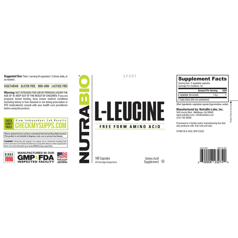 [Australia] - NutraBio 100% Pure L-Leucine - Muscle Recovery and Support - Naturally Fermented Free Form Amino Acid - Vegan, Non-GMO, Gluten Free - 400mg, 180 capsules 
