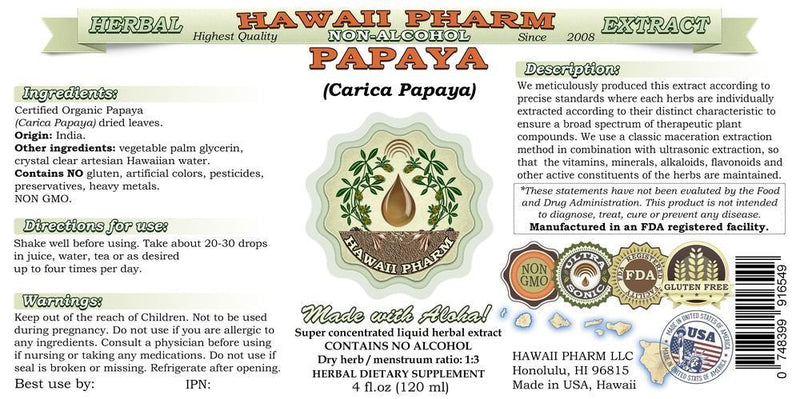 [Australia] - Papaya Alcohol-Free Liquid Extract, Organic Papaya (Carica Papaya) Dried Leaf Glycerite Natural Herbal Supplement, Hawaii Pharm, USA 2 fl.oz 2 Fl Oz (Pack of 1) 