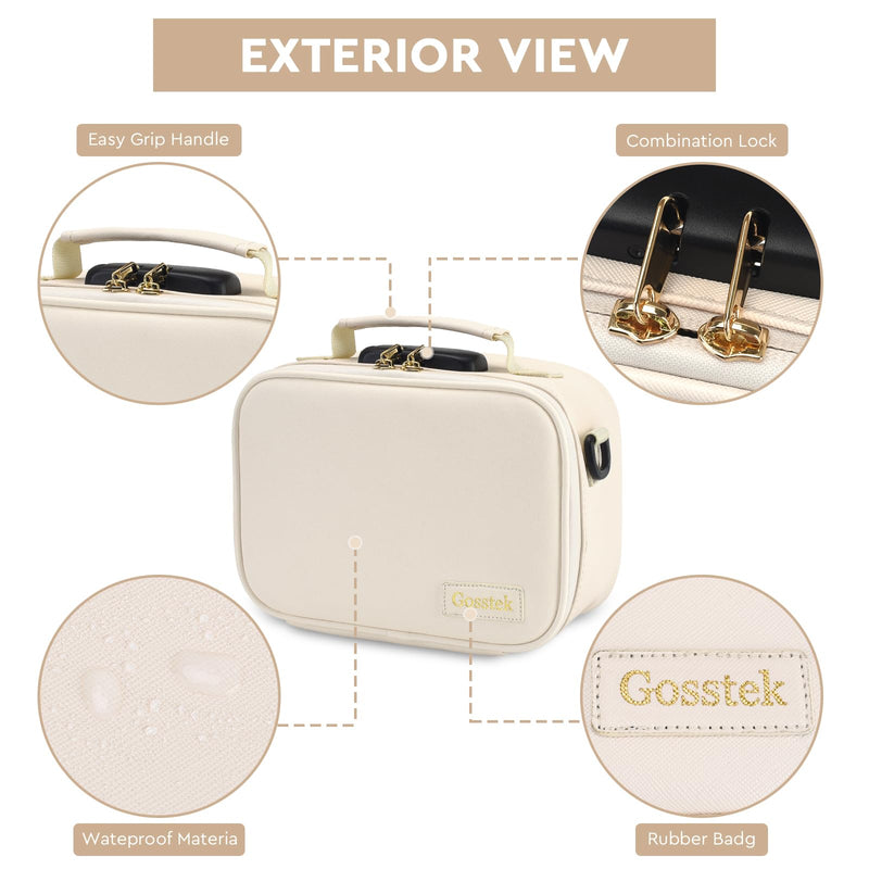Gosstek PU Leather Odorless Carrier Bag with 10 Small Accessories, Portable Smell Proof Box Case with Lock and Great Gift for Women, Childproof Organization Container Box 9 X 6 X 4 Inches (Beige)