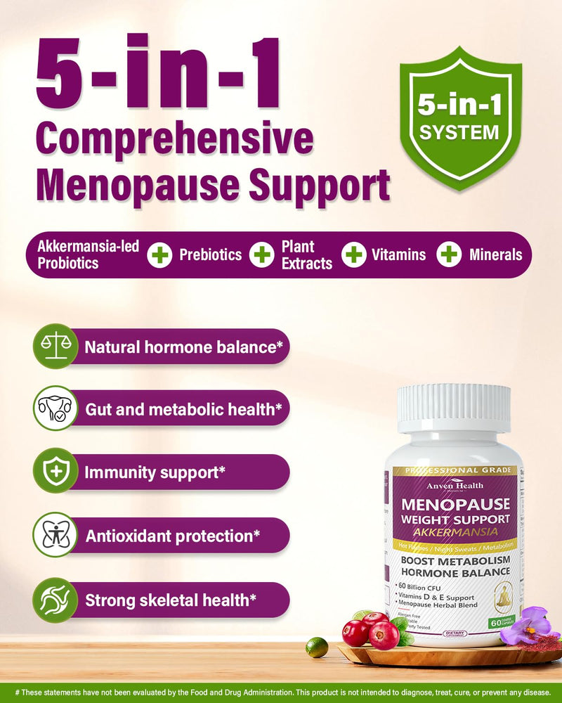 Menopause Relief Probiotics Akkermansia Hot Flashes 60 Caps | Prebiotic, Vitamin D & E, Hormone Balance, Metabolism, Gut Health, Hot Flashes & Night Sweats, Non-GMO, 60 Caps 60 Count (Pack of 1) Akk Menopause