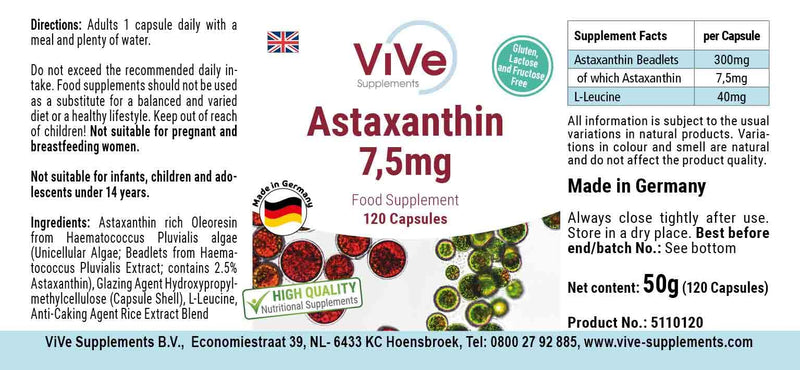 [Australia] - Astaxanthin 7.5 mg - 120 capsules - carotenoid - microencapsulated in beadlets - high dosage and vegan | Quality from Germany from ViVe Supplements 