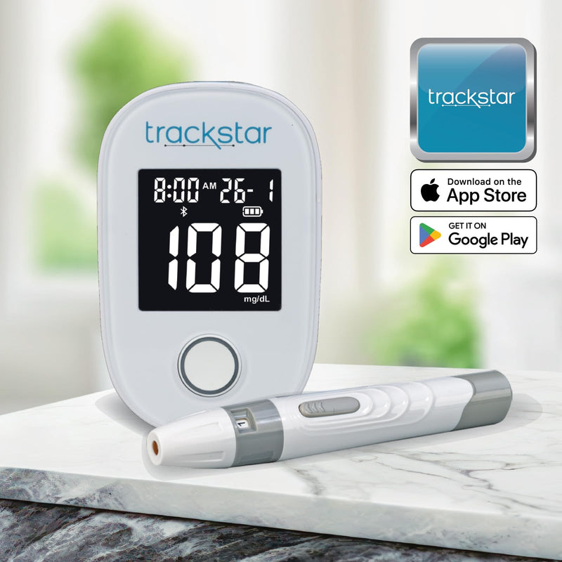 Trackstar Blood Glucose Kit | Monitor, Strips, Lancets, Lancing Device | Trackstar Monitoring App | Bluetooth iOS & Android Compatible | Measure, Track, and Share Results