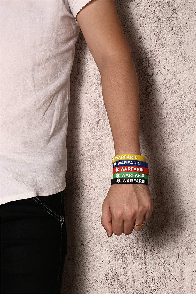 [Australia] - 5 Pcs Medical Alert Silicone Bracelets Wristband for Men Women Type 1/2 Diabetes Warfarin Blood Thinner,7.5" 