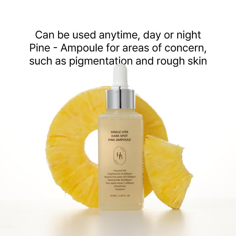 HEVEBLUE Single Vita-Dark Spot Pine-Ampoule, Brightening Care Serum with Pineapple Extract & Vitamin Tree Water, Improves Skin Tone & Texture, Korean Skincare