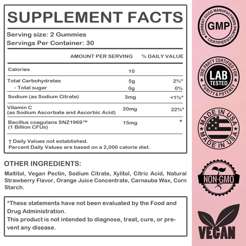 Vaginal Probiotic Feminine Gummies for Women – pH Balance Support & Vitamin C, Strawberry Flavor, Vegan, Sugar-Free, Non-GMO, 60 Gummies (30 Servings)