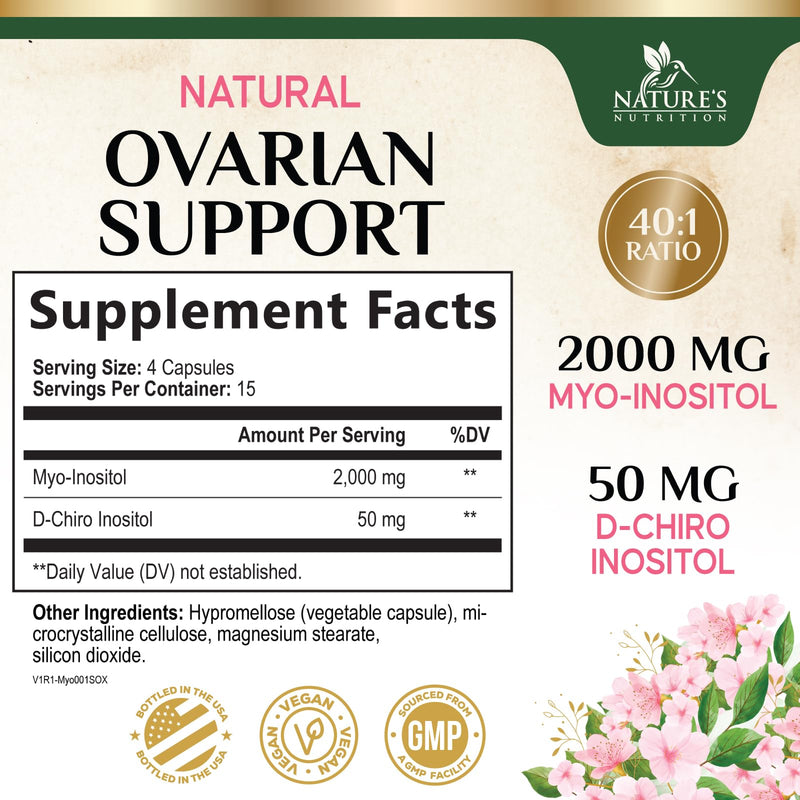 Myo-Inositol 2000mg Per Serving With D-Chiro - Optimal Ratio for Ovarian Support, Vegan Myo & D Chiro Supplement for Women's Natural Balance and Hormone Support, Vitamin B8, Non-GMO - 60 Capsules 60 Count (Pack of 1)