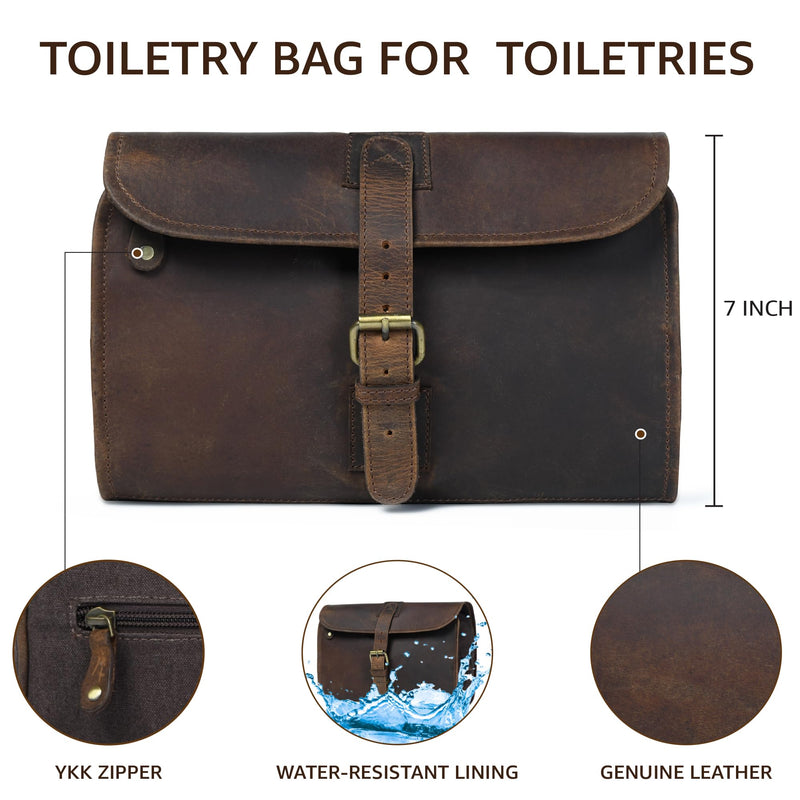 LEATHER VILLAGE Hanging Leather Toiletry Bag for Men, Dopp Kit, Brown | Genuine Buff Leather, 11X7 In Folded & 20X11 In Open, Ykk Zippers, Brass Hook,Water Resistant Canvas Lining, For Men & Women