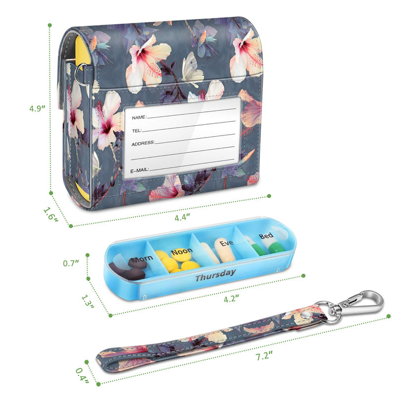 FINPAC Weekly Pill Organizers 4 Times A Day, Slide Open PU Leather Case | Travel Pill Vitamin Medicine Reminder and Planner with Name Card for Morning Afternoon Evening Bedtime, Blooming Hibiscus