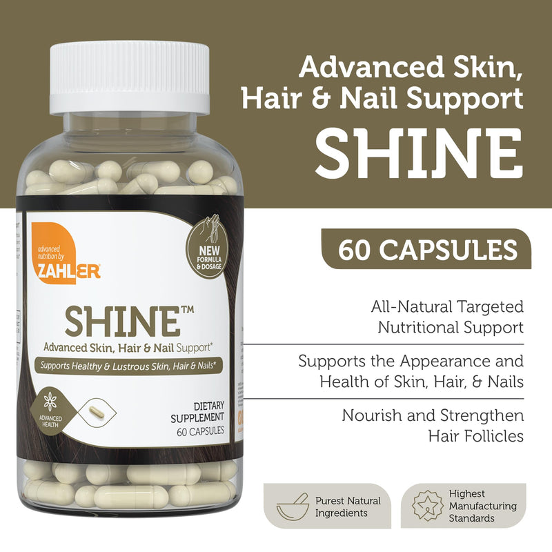 Zahler Shine Hair Skin and Nails Vitamins for Women & Men - Multivitamin for Hair Growth, Stronger Nails and Skin Health - Kosher Supplement with Biotin, Keratin & Hyaluronic Acid (60 Capsules)