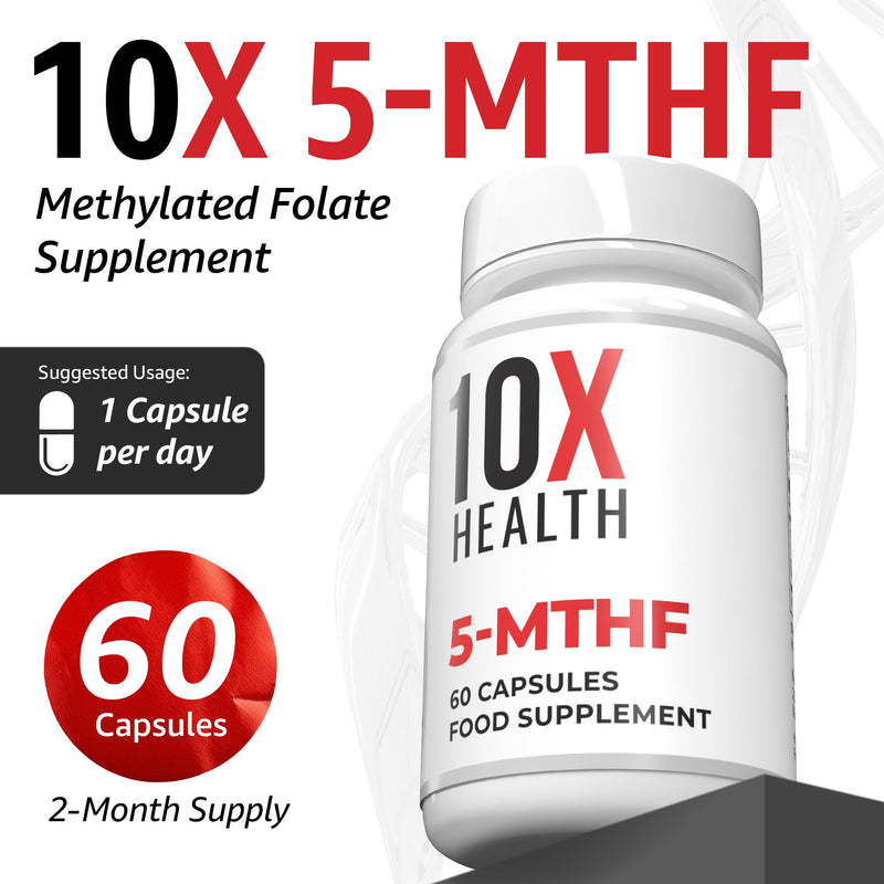 10X Health 5-MTHF Methylfolate - 60 Capsules Methylated Folic Acid with Magnesium - Bioactive Vitamin B9 for Brain, Heart & Neurotransmitter Synthesis - Bioavailable Methyl Folate Supplements