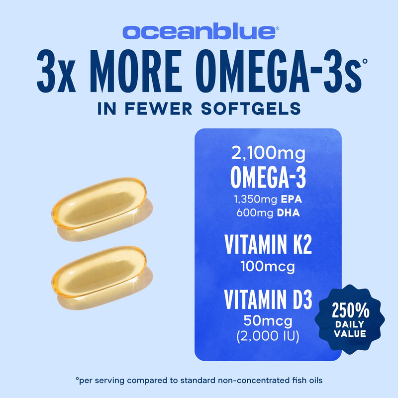 Oceanblue Professional Omega-3 2100 with Vitamin K2 and D3 - Triple Strength DPA EPA DHA Omega 3 Supplement - Burpless Wild Caught Fish Oil - Orange Flavor, 2-Pack of 60 Softgels (60 Servings) 2 Count (Pack of 60) Standard Size