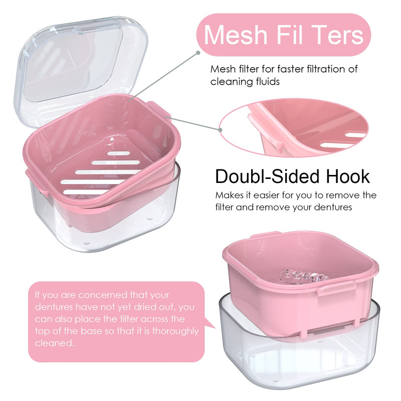 [Australia] - ARGOMAX Denture Case, Denture Cup for Soaking Dentures(Not Leak-Proof), Thorough Cleaning of Dentures, Retainer, Mouthguards, Clear Braces (Dark Pink). Clear Case + Pink Filter and Tray 