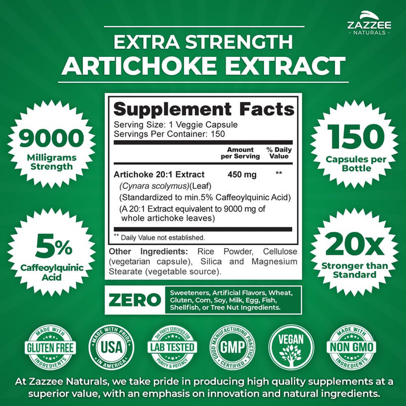[Australia] - Zazzee Extra Strength Artichoke 20:1 Extract, 9000 mg Strength, 5% Caffeoylquinic Acid, 150 Vegan Capsules, 5 Month Supply, Concentrated and Standardized 20X Extract, Non-GMO and All-Natural 