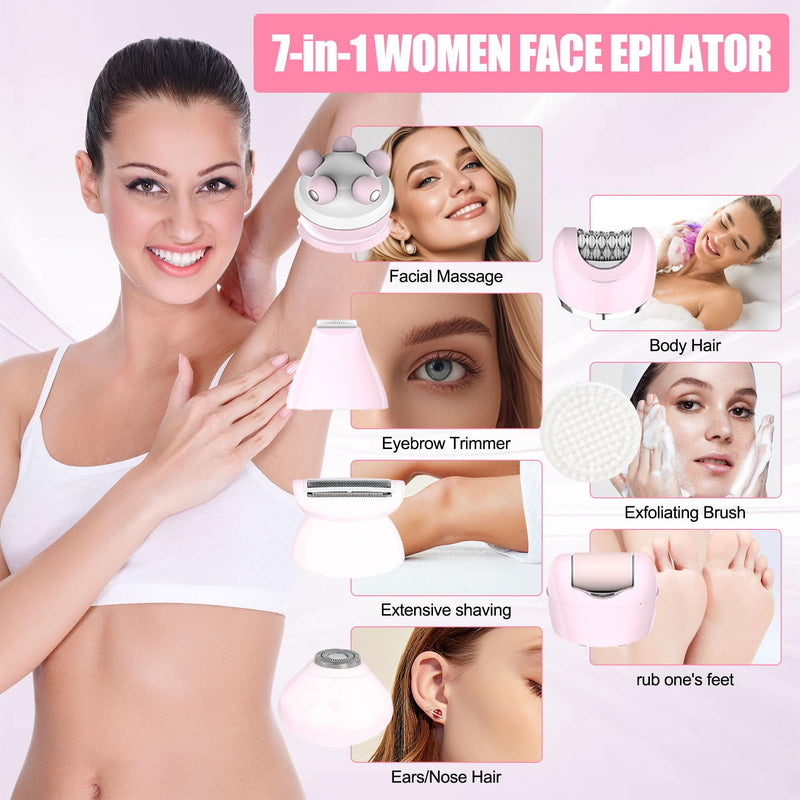 [Australia] - 3.0 Women Face Epilator, 7-in-1 Rechargeable Facial Hair Remover with LED Battery Display, Facial Shaver for Face, Eyebrow, Nose Trimmer (Pink) Pink 
