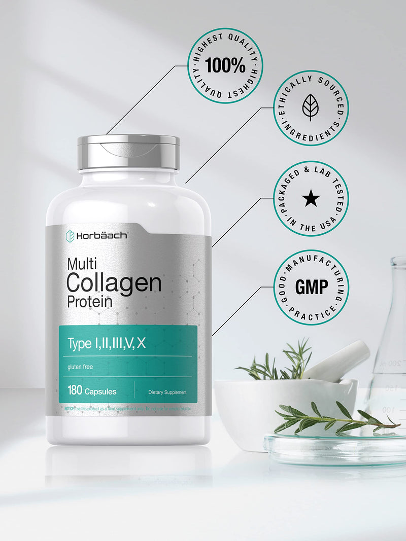 [Australia] - Horbäach Multi Collagen Protein 2000 mg | 180 Capsules | Type I, II, III, V, X | Keto & Paleo Friendly, Gluten Free Supplement 180 Count (Pack of 1) 