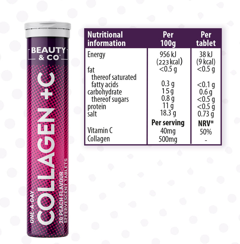 Collagen Effervescent - Marine Collagen & Vitamin C Supplement - 500mg Per Tablet (4 Tubes) Beauty & Co 20 count (Pack of 4)
