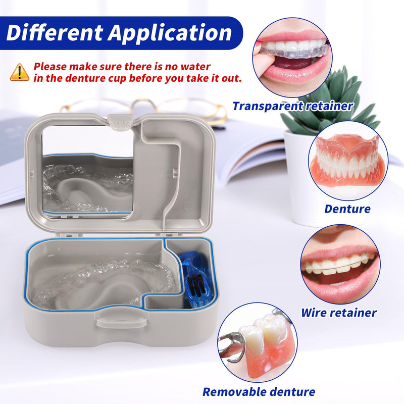 [Australia] - Annhua Denture Cup Bath Box Case with Mirror and Cleaning Brush, Denture Container with Brush Retainer Cleaning Case Mouth Guard Storage Soaking Cup Holder for Travel, Office, Household Use 