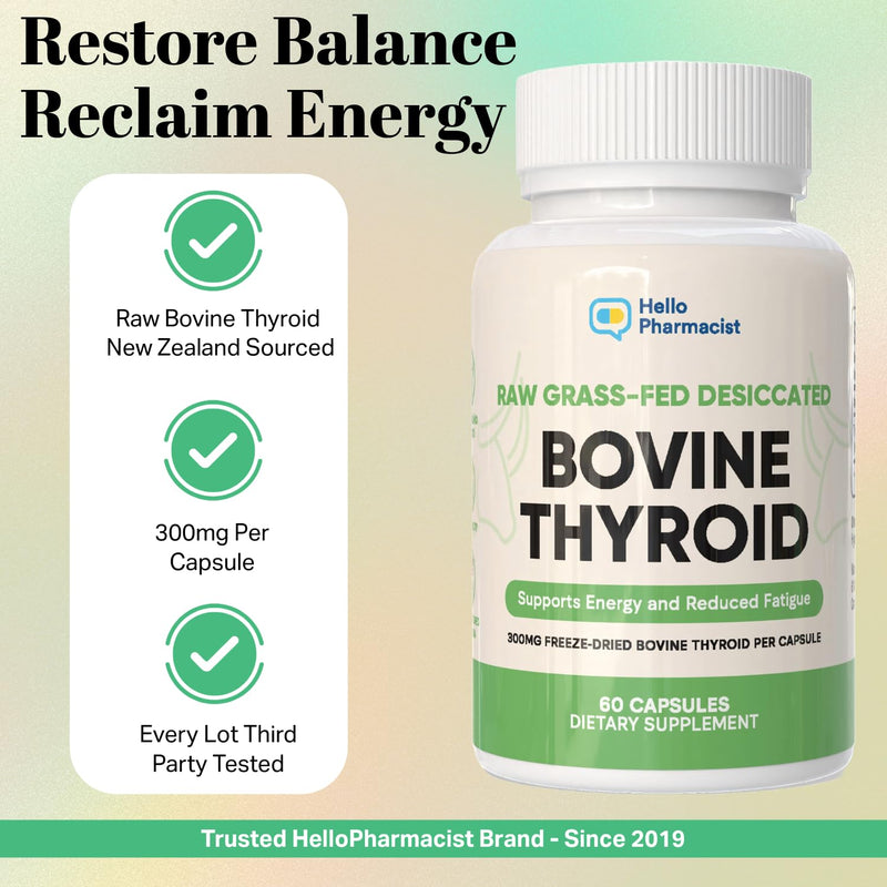 [Australia] - Raw Grass-Fed Desiccated Bovine Thyroid 300mg - Energy & Metabolism Support - New Zealand Sourced, Freeze-Dried Glandular, Non-GMO, Tested for Impurities - 60 Capsules - Pharmacist Owned Brand 