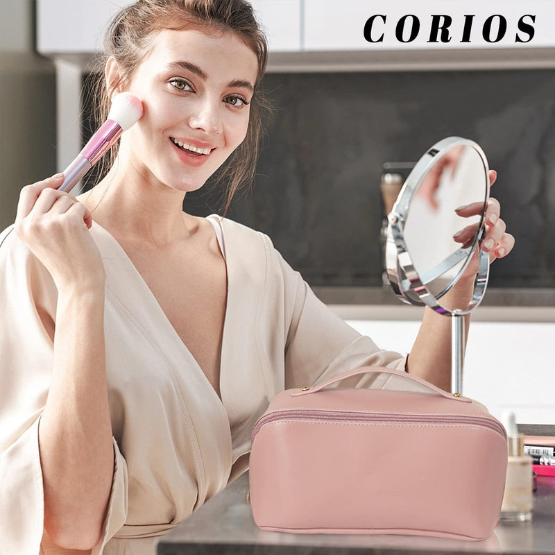 Large Capacity Travel Cosmetic Bag Make Up Bag with Handle and Zipper Multifunction Waterproof Toiletry Bag PU Travel Organiser Bag Wash Bag for Women Ladies Girls Pink A L