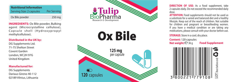 Ox Bile 125mg 120 Capsules, 3rd Party Lab Tested, High Strength Supplement, Gluten and GMO Free