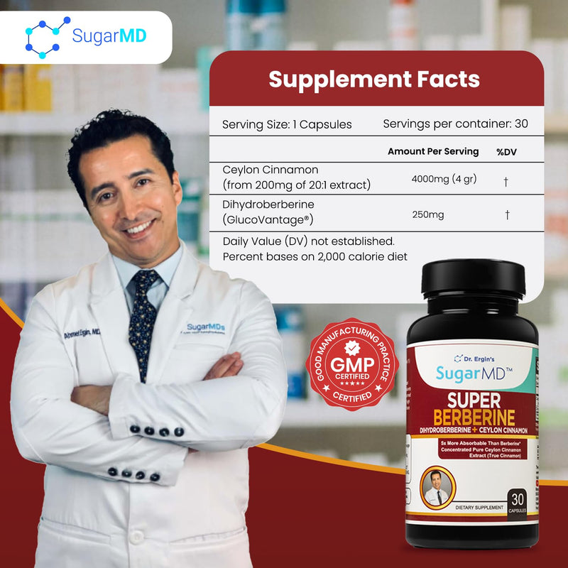 [Australia] - SugarMD Super Berberine Supplement – 250mg GlucoVantage Dihydroberberine with 4000mg Ceylon Cinnamon - 5X More Effective Than Regular Berberine – 30 Capsules (30 Day Supply) 