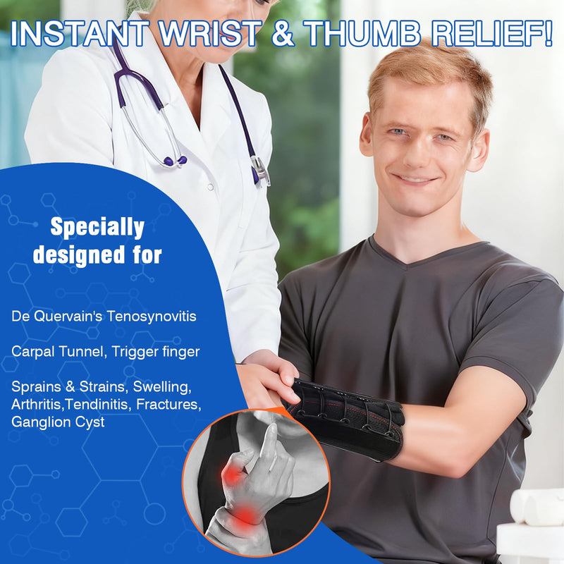 [Australia] - Wrist Brace with Thumb Support - Carpal Tunnel Day Night Brace for Men & Women, Adjustable Thumb Spica Splint for Left or Right Hand, for De Quervain's, Tendonitis, Arthritis Pain Relief (Black, One Size, Left Hand) 