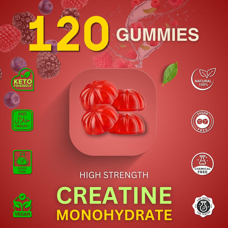 Gene & Good® Creatine Monohydrate Gummies 5000mg- 120 Gummy - Mixed Berry Flavor - Pre-Workout Creatine Gummies for Men & Women - Vegan, Halal, Gluten-Free (Pack of 1)