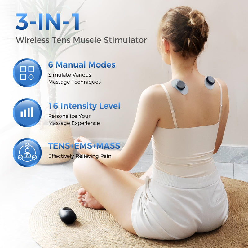 [Australia] - KingPavonini Wireless TENS Unit, Muscle Stimulator for Pain Relief, Portable Rechargeable TENS EMS Machine, LED Screen, Remote, Dual Channel 6 Modes 16 Intensity Massager, Charging Case (Black) Black 