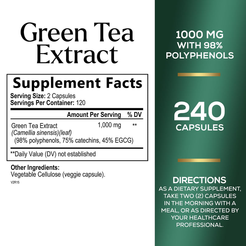 [Australia] - Green Tea Extract Pills 1000mg with EGCG for Heart Support with Antioxidants - 98% Standardized Polyphenols - 3X Absorption Green Tea Capsules for Natural Energy, Gentle Caffeine - 240 Capsules 240 Count (Pack of 1) 