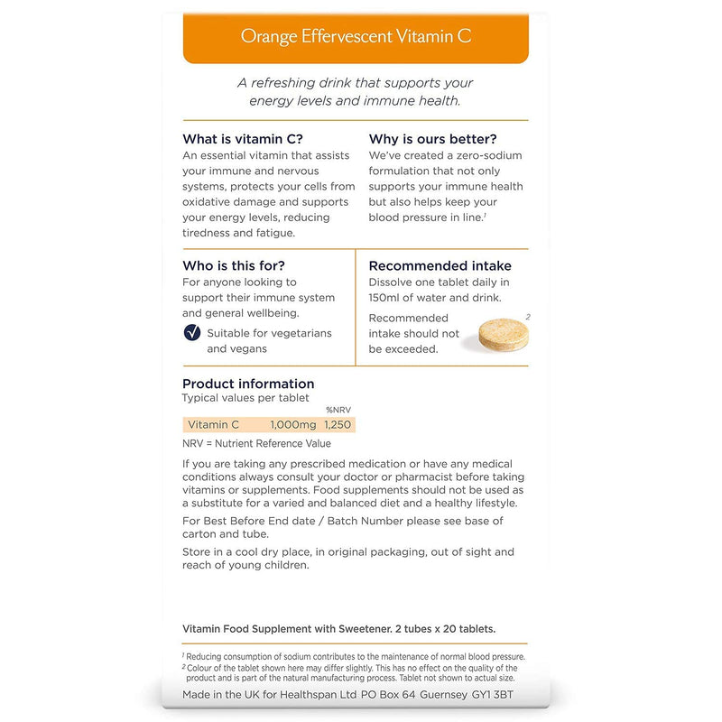 Healthspan Orange Effervescent Vitamin C 1,000mg (40 Tablets) | Supports Immune & Nervous Systems | Maintain Good Energy Levels | Zero-Sodium to Help Maintain Normal Blood Pressure | Vegan