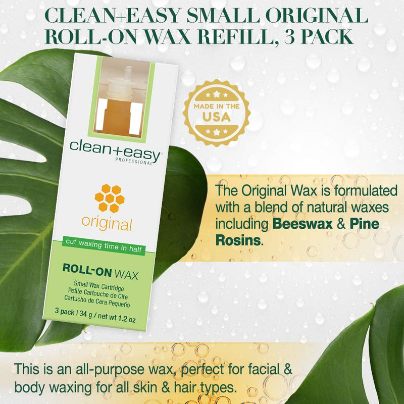 [Australia] - Clean + Easy Original Roll On Wax – Small Wax Refill Cartridges for Hair Removal, Fast & Easy Roll On Applicator for Face, Brows & Delicate Areas, 3 Pack Small (Pack of 3) 