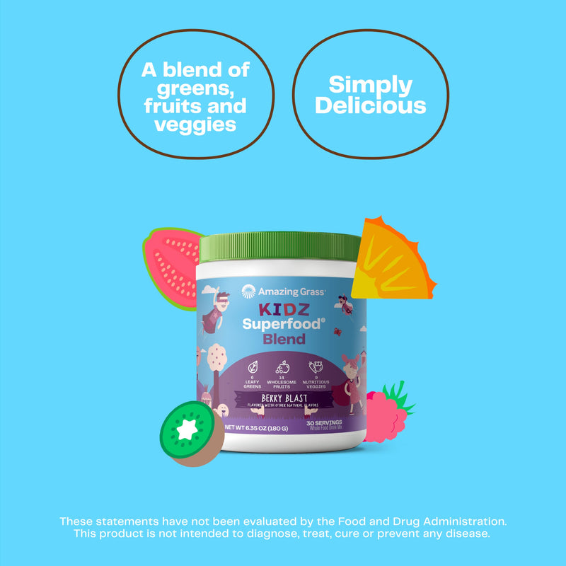 Amazing Grass Kidz Superfood Organic Greens, Berry Blast, 30 Servings | Organic Greens, Fruits, Veggies & Beet Root Powder with Probiotics, Superfood Nutrition Blend for Healthy Kids