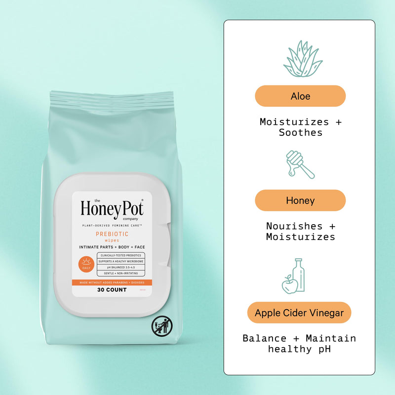 [Australia] - The Honey Pot Company - Prebiotic Feminine Wipes - Herbal Infused Feminine Hygiene Wipes for Sensitive Skin Types - PH Balanced Plant Based Wipes Free from Parabens and Sulfates - 30 ct. 30 Count (Pack of 1) 