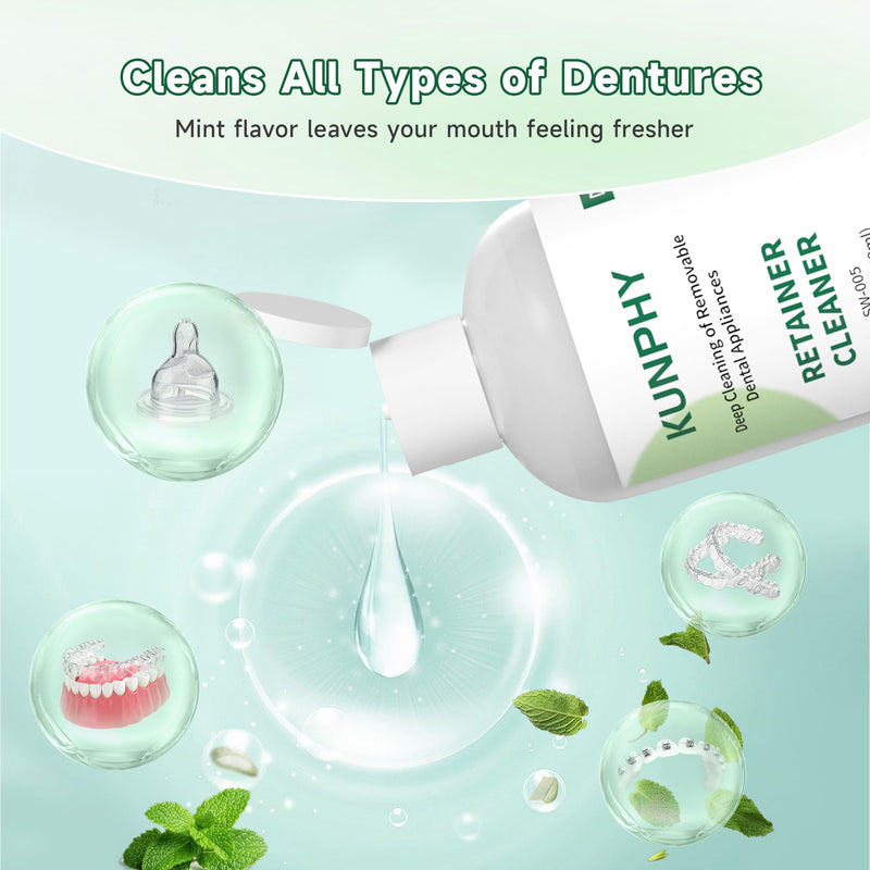 [Australia] - KUNPHY Ultrasonic Retainer Cleaner Solution Concentrate-Professional Cleaning of Retainers, Denture, Invisible Aligners, Mouth Guards, Night Guards, Remove Odors, Discoloration & Stains 8 oz(Mint) 8 Ounce 