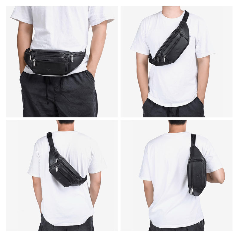 Genuine Leather Fanny Pack/Waist Bag/Organizer with Adjustable Belt, Multiple Pockets For Men and Women Black-861 Medium