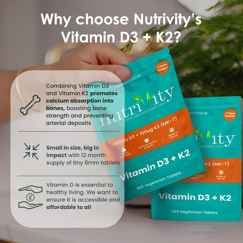 Vitamin D3 4000 IU & Vitamin K2 MK7 100µg | 365 High Strength Vitamin D3 K2 Vegan Tablets | 1 Year Supply D3 and K2 Supplements | Bone, Muscle & Immune Support | Halal | Gluten & Sugar Free | UK Made