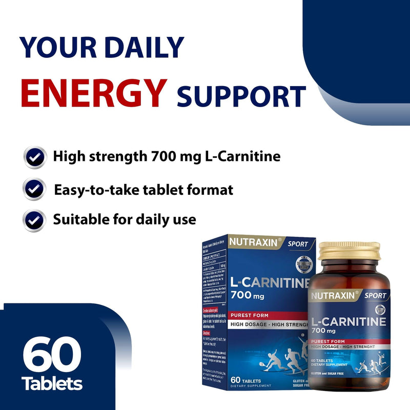 Nutraxin L-Carnitine, 60 Tablets - 1400mg L-carnitine per Serving - Allergen-Free, No Artificial Additives, Non-GMO, Halal Certified, GMP Manufactured - Take One Tablet Twice Daily
