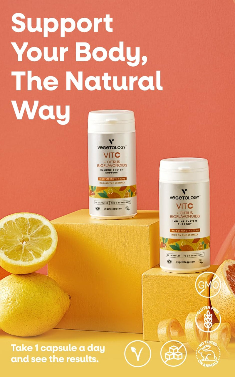 Vegetology Vitamin C Capsules High Strength, 500mg, Gentle Absorption, Sustainably Synthesised, Collagen & Metabolic Support, Vegan, Non GMO
